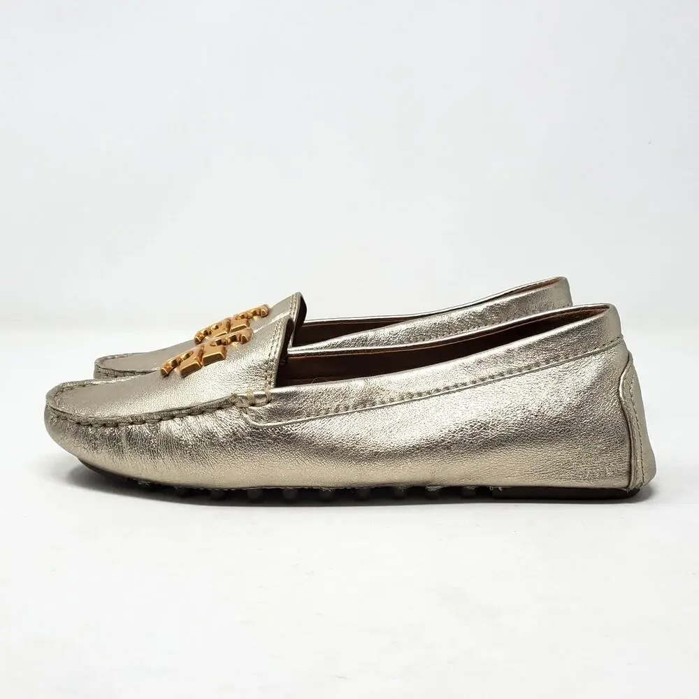 Tory Burch Everly Driver Loafer Flat Metallic Gold Leather 141377 Size US 7.5 M